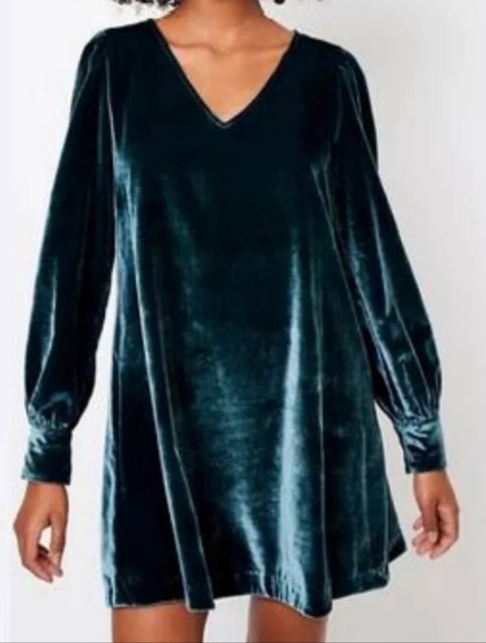 New Loft Velvet V Neck Long Sleeve Shift Mini Dress Emerald Green Size Small